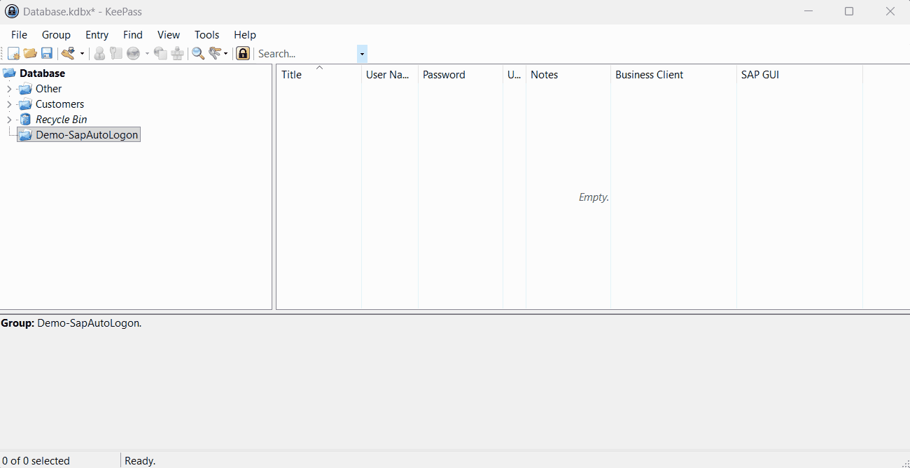 Recording in KeePass: a group is right-clicked, Import from SAP Logon is chosen, the folder Demo is selected and imported, and the new entry shows Click-To-Open in the Business Client and SAP GUI columns.